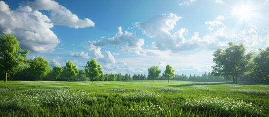 Poster - Scenic farmland with a picturesque backdrop featuring a vast expanse of beauty with copy space image