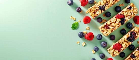 Aufkleber - Top view of delectable homemade granola bars and fresh berries arranged on a pale green surface featuring a banner layout with ample copy space image