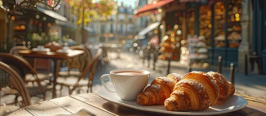 Poster - A French breakfast scene with coffee cups croissants and a typical bakery on a table representing the essence of French culinary culture in a picturesque setting with a copy space image