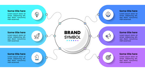 Infographic template. 6 banners with icons connected to the center