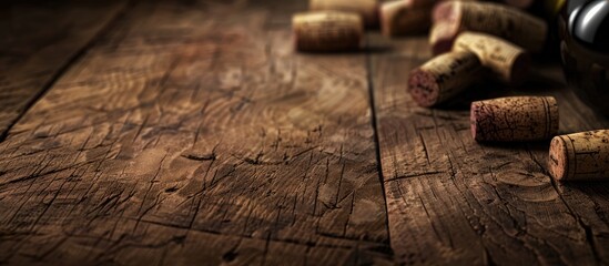 Poster - Grape shaped wine corks displayed on a wooden table with copy space image