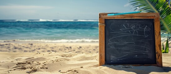 Fototapete - A deserted sandy beach offering space on a blackboard for a message with copy space image