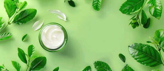 Aufkleber - Top view of face cream and gel on a green backdrop with space for text in the image. Creative banner. Copyspace image