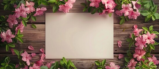 Poster - Pink azalea and green basil flowers on a wooden surface with a blank paper sheet create a beautiful spring border in a top view copy space image
