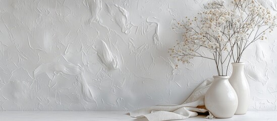 Poster - Minimalistic composition featuring white dried flowers in a vase on a white background with a decorative card creating contrast and a sleek aesthetic with copy space image