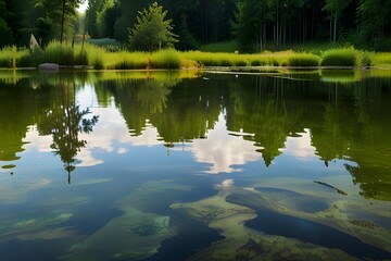 summer landscape background. green foliage and pond in park or forest. wild nature Generative AI