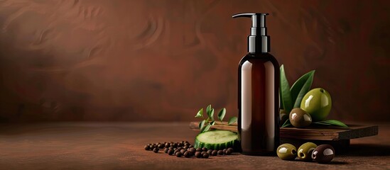 Aufkleber - Cosmetic product bottle displayed with olives and cucumber on a brown backdrop with copy space image
