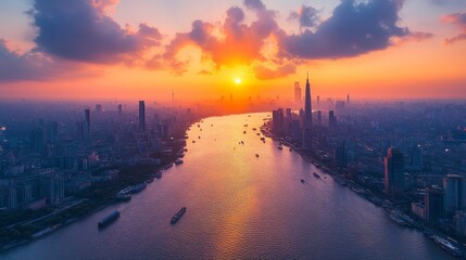 Wall Mural - The sun sets over a bustling city, casting golden hues on skyscrapers and a winding river filled with boats.