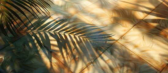 Poster - Morning sun creates a shadow of leaf on floor tiles with palm branches offering a high quality photo with copy space image