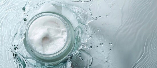 Aufkleber - Jar filled with cream floating in water on a bright backdrop seen from above in a top view angle creating an ideal space for text alongside the copy space image