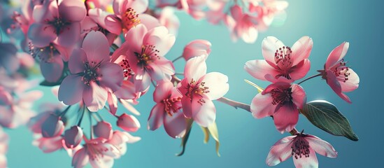 Poster - Floral spring blooms set against a serene blue backdrop with space for adding images. Creative banner. Copyspace image