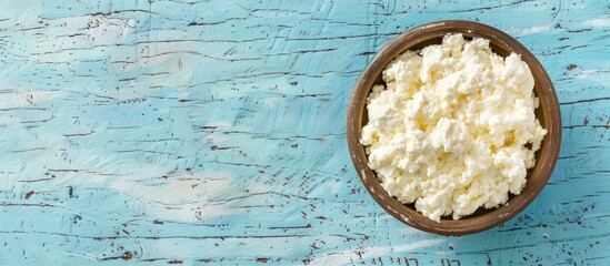 Aufkleber - Top view of delicious ricotta on a pale blue wooden surface ideal for placing text in the image. Creative banner. Copyspace image