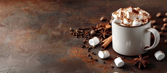 Poster - Copy space image of toasted marshmallows with mug and spices on a dark brown backdrop