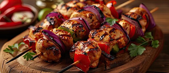 Aufkleber - Close up of chicken skewers with red bell peppers and onions on a wooden board with copy space image