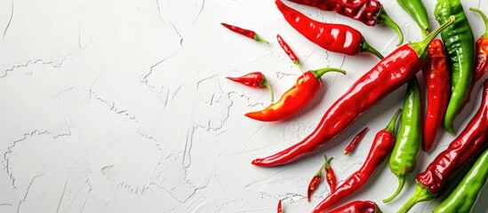 Fototapete - Colorful green and red chilies displayed on a white backdrop with copy space image
