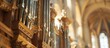 © HN Works - Copy space image of a portion of a pipe organ in a Catholic cathedral interior captured with selective focus