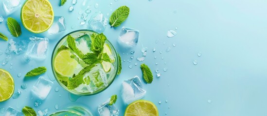 Aufkleber - Top view of a stylish Mojito cocktail garnished with lime mint and ice on a light blue backdrop with space for text or images reflecting a fun summer drink theme. Creative banner. Copyspace image