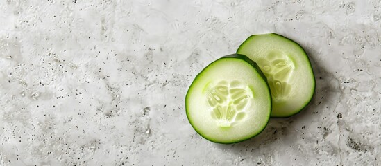 Poster - Horizontal isolated slice of cucumber Cucumis Sativus on a white cement background with ample copy space image