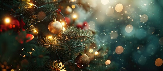Poster - Christmas themed close up decoration with ball and light bulb bokeh on a festive tree at night perfect as a copy space image