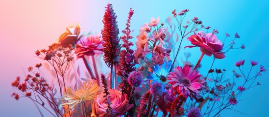 Poster - Floral arrangement featuring dried and artificial flowers set against a bright fluorescent backdrop with copy space image available