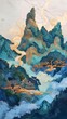 © jinzhen - Golden green mountain pavilions illustration poster background