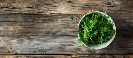 Sticker - Top view of a bowl with freshly cut dill on a wooden table with room for text in the image. Creative banner. Copyspace image