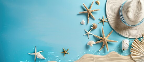 Poster - Summer vacation concept with a sea travel theme showcased in a flat lay setup featuring a copy space image