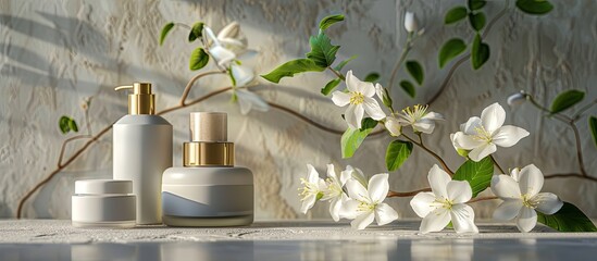 Poster - Closeup of cosmetic products with lovely jasmine flowers on a grey table providing ample copy space image