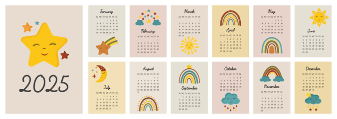 Calendar 2025  for kids template. Monthly calendar 2025 with cute rainbows, stars, moon.