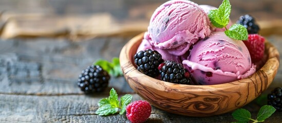 Aufkleber - A summer dessert showcasing blackberry ice cream in a rustic wooden bowl adorned with fresh berries a sprig of mint and a captivating copy space image
