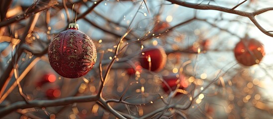 Poster - Christmas balls adorn leafless deciduous trees creating a festive ambiance in the copy space image
