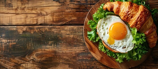 Aufkleber - Top view of a healthy breakfast featuring a croissant sandwich with egg cheese and fresh green lettuce on a wooden background with copy space image