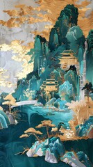 Wall Mural - Golden green mountain pavilions illustration poster background