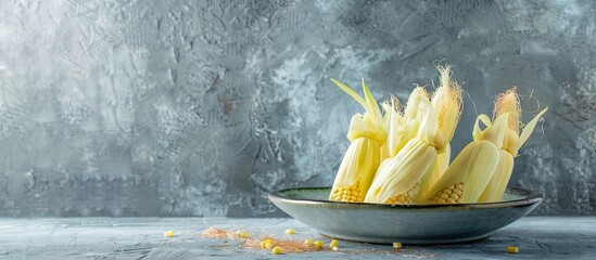 Poster - Fresh baby corn with red silk still in the husk presented on a sieve plate on a gray table background creating a copy space image