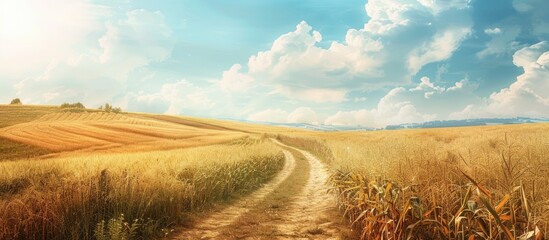 Poster - A scenic rural landscape with a trail through a golden field stretching towards the horizon framed by golden cornfields on one side and freshly plowed land on the other ideal for a copy space image