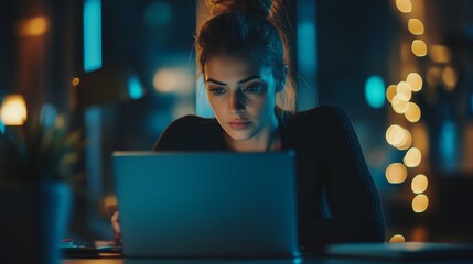 Poster - Young woman focused on her laptop in a cozy, dimly lit room decorated with warm lights during late evening hours