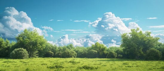 Poster - Scenic view of a grassy field with a cluster of trees and fluffy cumulus clouds in the sky ideal for a copy space image