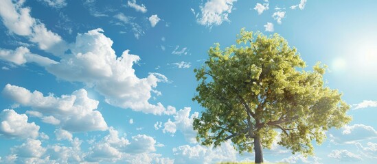 Fototapete - Sunny day with a tree against a backdrop of blue sky and fluffy white clouds suitable as a copy space image