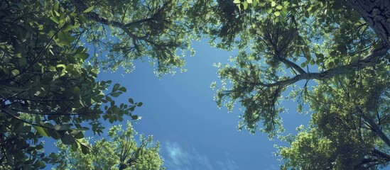 Poster - Looking up through the treetops creates a natural copy space image as the greenery surrounds the clear blue sky
