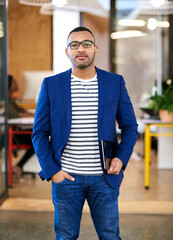 Poster - Portrait, expert and business man with tablet in office for career, job or opportunity. Glasses, tech and confident professional entrepreneur, employee or creative director with experience in startup