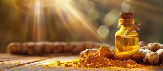 Poster - Glass bottle with natural turmeric oil ground turmeric powder and dry turmeric root displayed in a copy space image