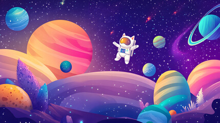 Wall Mural - Cat Astronaut flying outer space among colorful planets and stars cartoon illustration