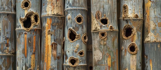 Poster - Bamboo stems featuring termite created holes providing a copy space image