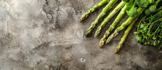 Poster - Top view of fresh asparagus displayed on a concrete background with a copyspace image