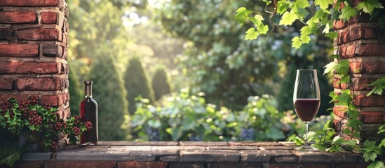 Aufkleber - A brick wall with a window wine and trees in the background creating a serene setting for a copy space image