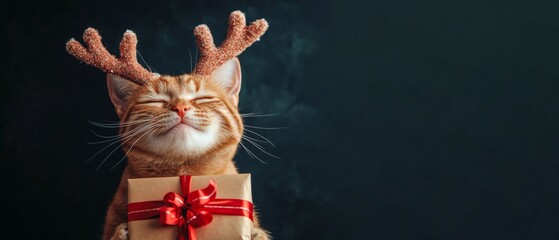 Wall Mural - merry christmas concept holiday vacation winter greeting card - cute cat with reindeer antlers and g