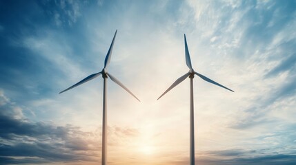 Wind turbines against a dramatic sky at sunset, symbolizing renewable energy and sustainable development.