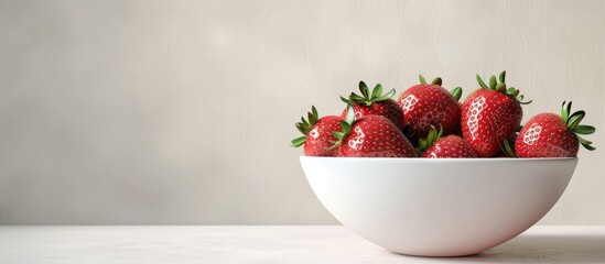 Poster - Ripe strawberries in a white bowl on a natural background with copy space image