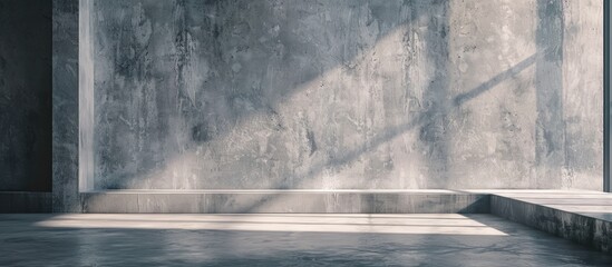 Canvas Print - A studio backdrop featuring a textured grey wall provides an abstract setting for product presentation with shadowy window effects offering a sleek backdrop design in a front view copy space image