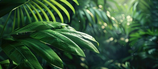 Aufkleber - Detailed closeup image of a lush green leaf from an exotic plant set against a forest backdrop The composition offers a dark tropical ambiance with visible palm trees in the background and ample copy